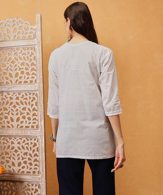 Hand embroidered white cotton lucknowi chikankari short kurti 2