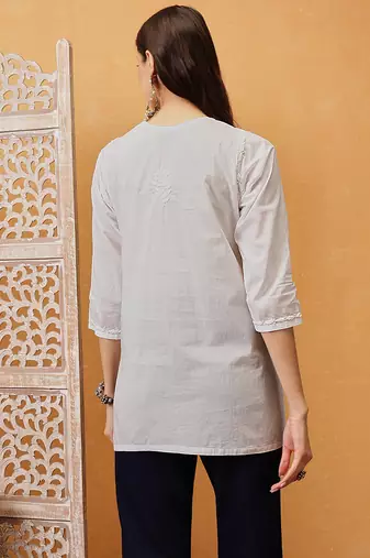 Hand embroidered white cotton lucknowi chikankari short kurti