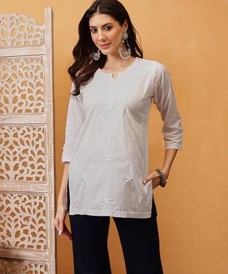 Hand embroidered white cotton lucknowi chikankari short kurti 3