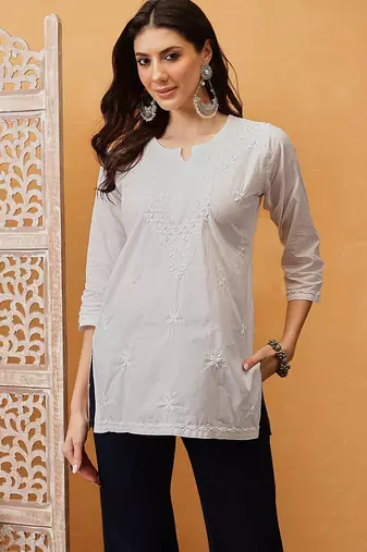 Hand embroidered white cotton lucknowi chikankari short kurti