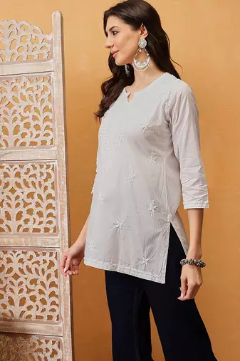Hand embroidered white cotton lucknowi chikankari short kurti