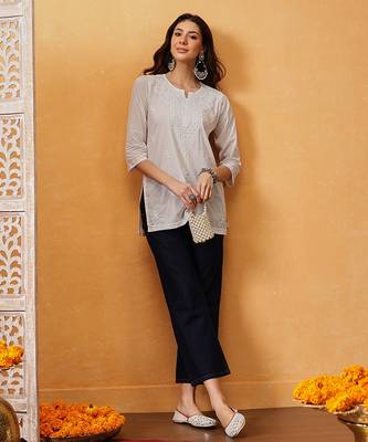 Hand embroidered white cotton lucknowi chikankari short kurti 5