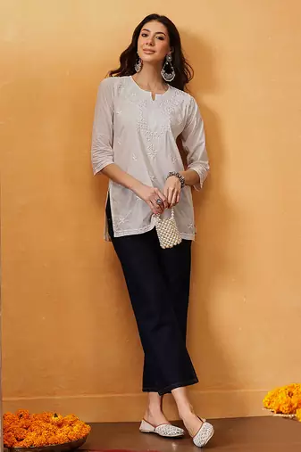 Hand embroidered white cotton lucknowi chikankari short kurti