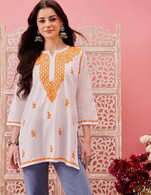 Hand embroidered white cotton lucknowi chikankari short kurti 1