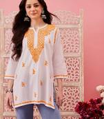 Hand embroidered white cotton lucknowi chikankari short kurti