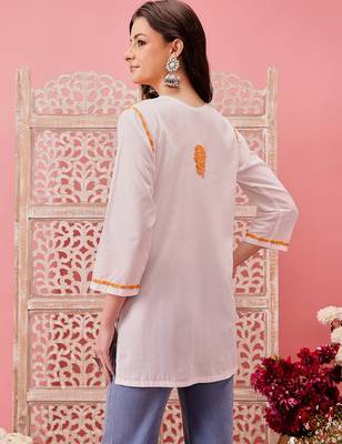 Hand embroidered white cotton lucknowi chikankari short kurti 2