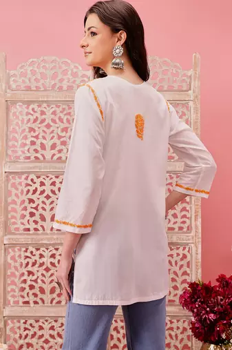 Hand embroidered white cotton lucknowi chikankari short kurti