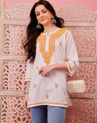 Hand embroidered white cotton lucknowi chikankari short kurti 3