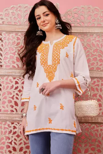 Hand embroidered white cotton lucknowi chikankari short kurti