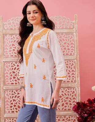 Hand embroidered white cotton lucknowi chikankari short kurti 4