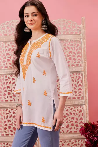 Hand embroidered white cotton lucknowi chikankari short kurti