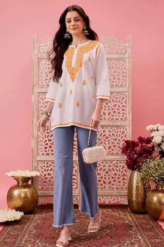 Hand embroidered white cotton lucknowi chikankari short kurti