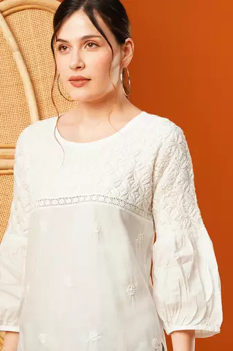Hand embroidered white cotton lucknowi chikankari short kurti