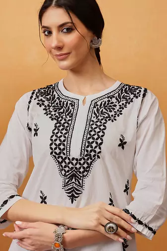 Hand embroidered white cotton lucknowi chikankari short kurti