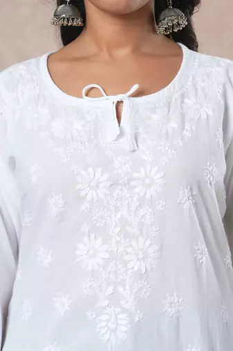 Hand embroidered white cotton lucknowi chikankari straight kurti
