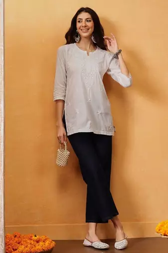 Hand embroidered white cotton lucknowi chikankari short kurti
