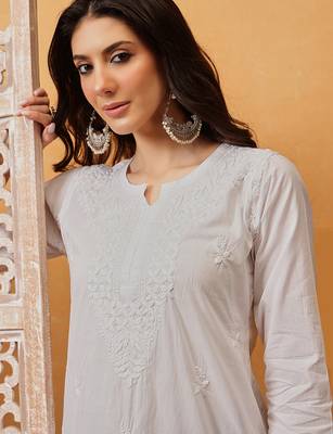 Hand embroidered white cotton lucknowi chikankari short kurti 7