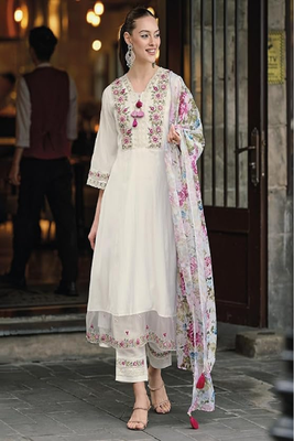 White embroidery thread work viscose cotton Kurta sets 1
