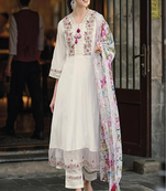 White embroidery thread work viscose cotton Kurta sets