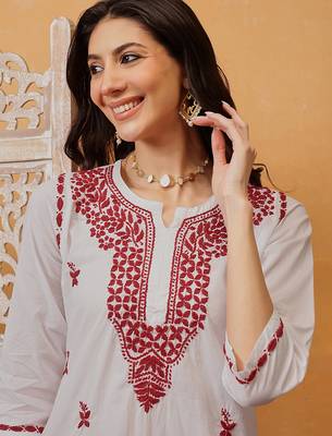 Hand embroidered white cotton lucknowi chikankari short kurti 6