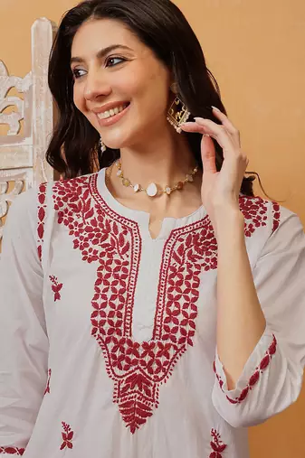 Hand embroidered white cotton lucknowi chikankari short kurti
