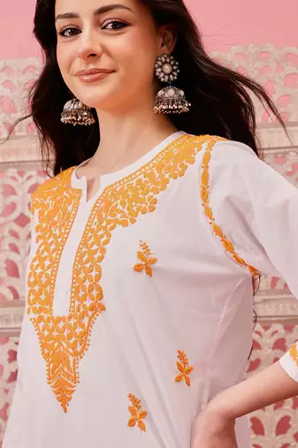 Hand embroidered white cotton lucknowi chikankari short kurti