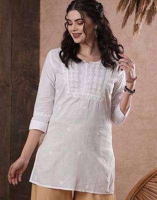 Hand embroidered white cotton lucknowi chikankari short kurti 6