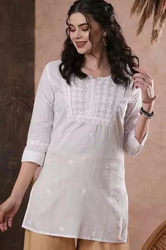 Hand embroidered white cotton lucknowi chikankari short kurti