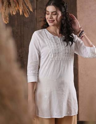 Hand embroidered white cotton lucknowi chikankari short kurti 7