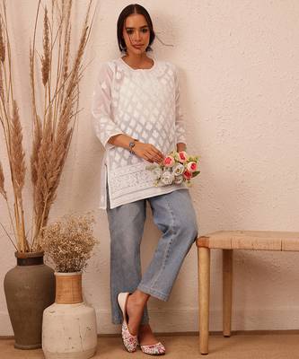 Hand embroidered white cotton lucknowi chikankari short kurti 6