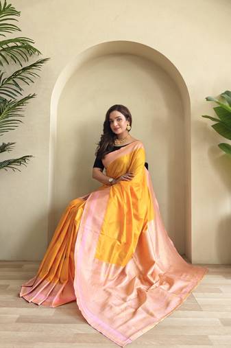 orange Soft art silk saree with coin weaving design