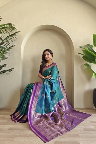 teal Soft art silk saree with coin weaving design