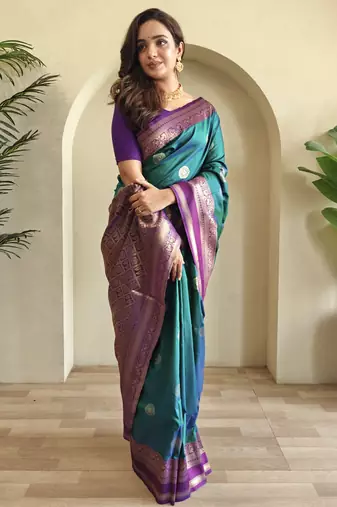 teal Soft art silk saree with coin weaving design