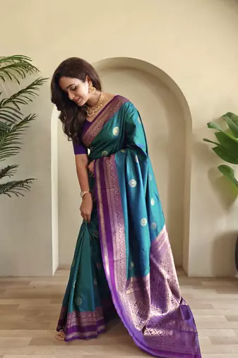 teal Soft art silk saree with coin weaving design