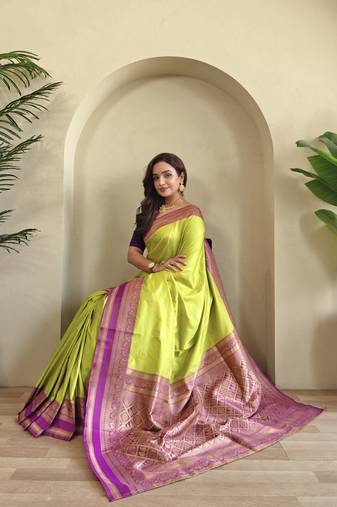 lime Soft art silk saree with coin weaving design