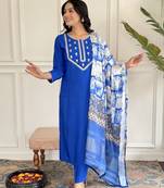 blue viscose embroidered straight kurta with viscose pant and gajii silk printed dupatta sets