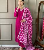 pink embroidered viscose straight kurta pant dupatta set