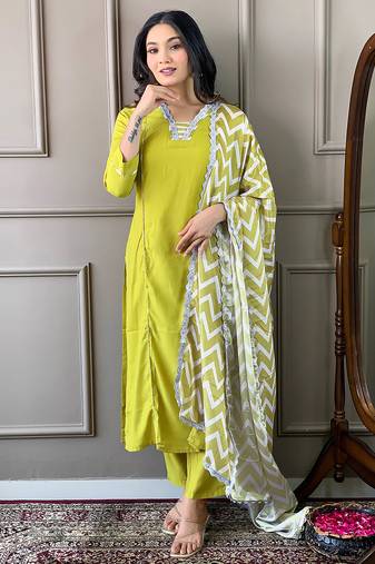 Green embroidered viscose straight kurta pant dupatta set