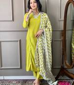 Green embroidered viscose straight kurta pant dupatta set