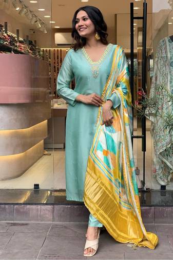 firozi viscose embroidered straight kurta with viscose pant and gajii silk printed dupatta sets