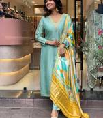 firozi viscose embroidered straight kurta with viscose pant and gajii silk printed dupatta sets