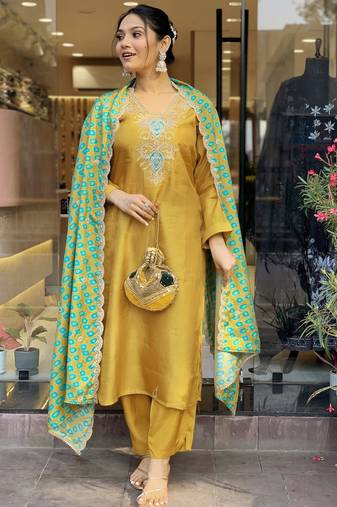 Yellow embroidered viscose kurta pant dupatta set
