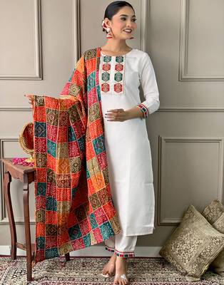 off white viscose embroidered straight kurta with viscose pant and silk blend printed dupatta sets 1