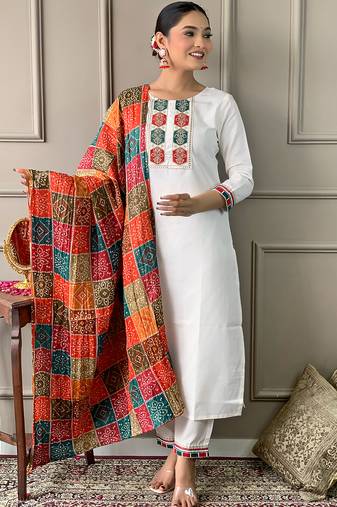 off white viscose embroidered straight kurta with viscose pant and silk blend printed dupatta sets
