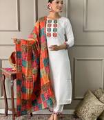off white viscose embroidered straight kurta with viscose pant and silk blend printed dupatta sets