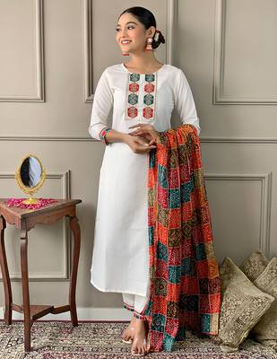 off white viscose embroidered straight kurta with viscose pant and silk blend printed dupatta sets 2