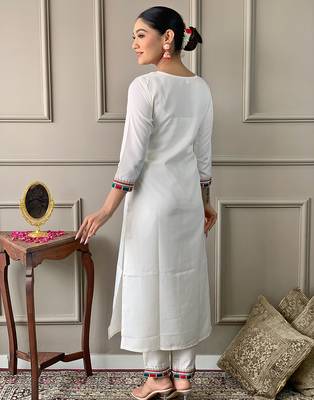 off white viscose embroidered straight kurta with viscose pant and silk blend printed dupatta sets 3
