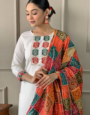 off white viscose embroidered straight kurta with viscose pant and silk blend printed dupatta sets 4