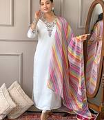 off white viscose blend embroidered straight kurta with rayon pant and organza printed dupatta sets