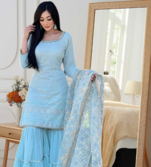 Sky Blue Georgette Short Kurta With Sharara & Dupatta